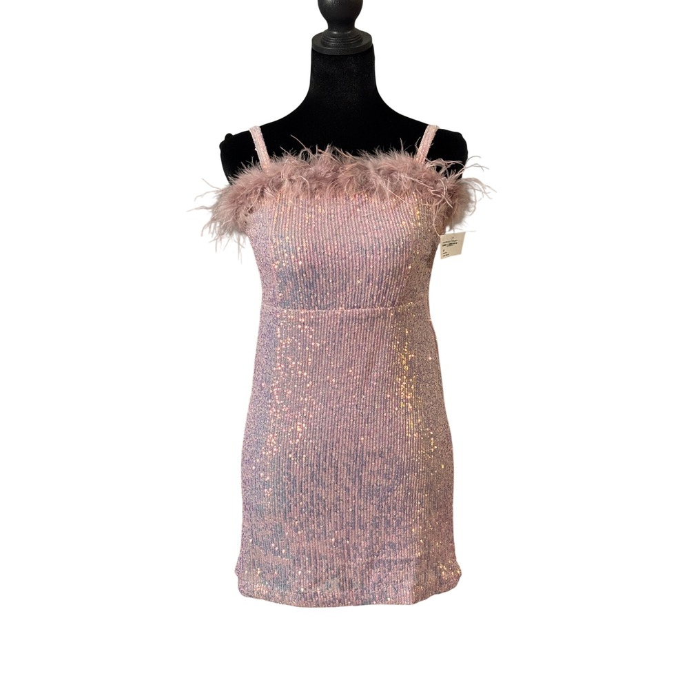 Iridescent Pink Sequin Mini Dress‎ with
Marabou Trim Nickie Lew
